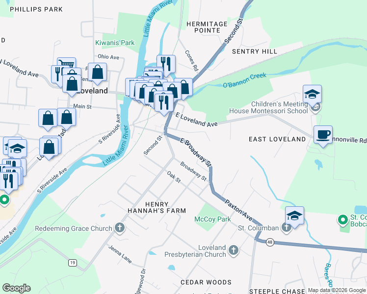 map of restaurants, bars, coffee shops, grocery stores, and more near 141 East Broadway Street in Loveland
