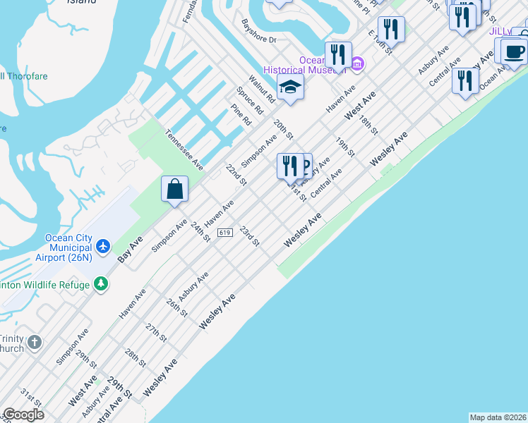 map of restaurants, bars, coffee shops, grocery stores, and more near 2152 Asbury Avenue in Ocean City