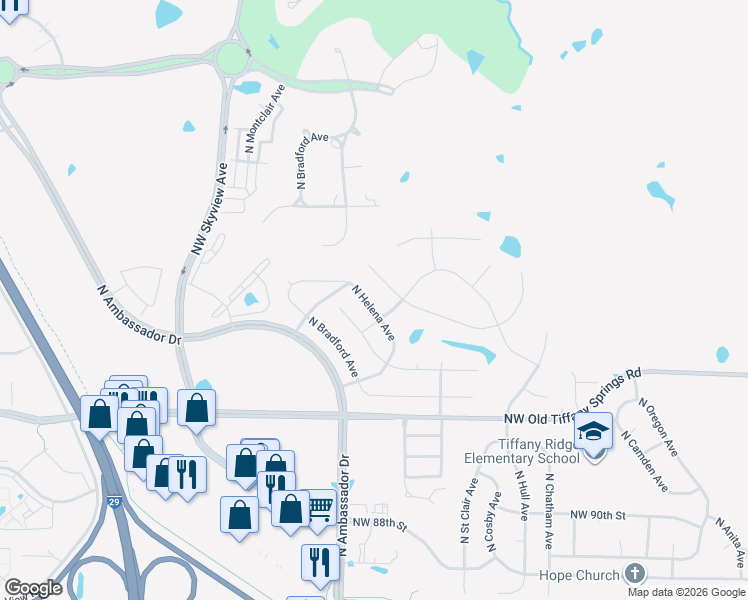 map of restaurants, bars, coffee shops, grocery stores, and more near 9419 North Helena Avenue in Kansas City