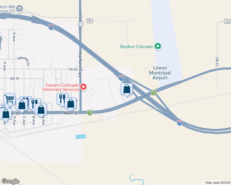 map of restaurants, bars, coffee shops, grocery stores, and more near Colorado Avenue in Limon