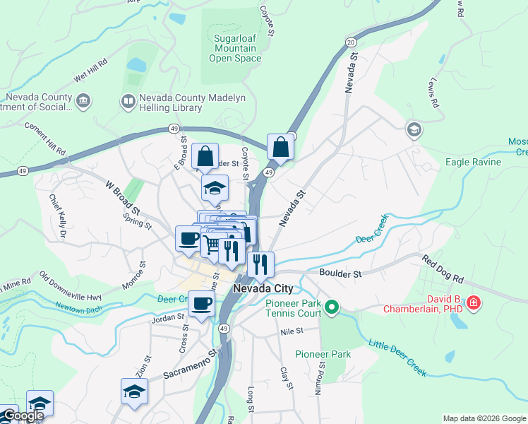 map of restaurants, bars, coffee shops, grocery stores, and more near 433 Washington Street in Nevada City