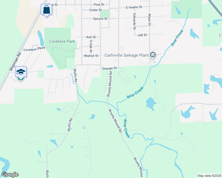 map of restaurants, bars, coffee shops, grocery stores, and more near 18358 Brushy Mound Road in Carlinville
