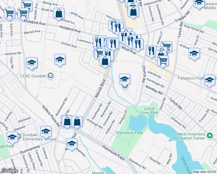 map of restaurants, bars, coffee shops, grocery stores, and more near 2203 Searles Road in Dundalk