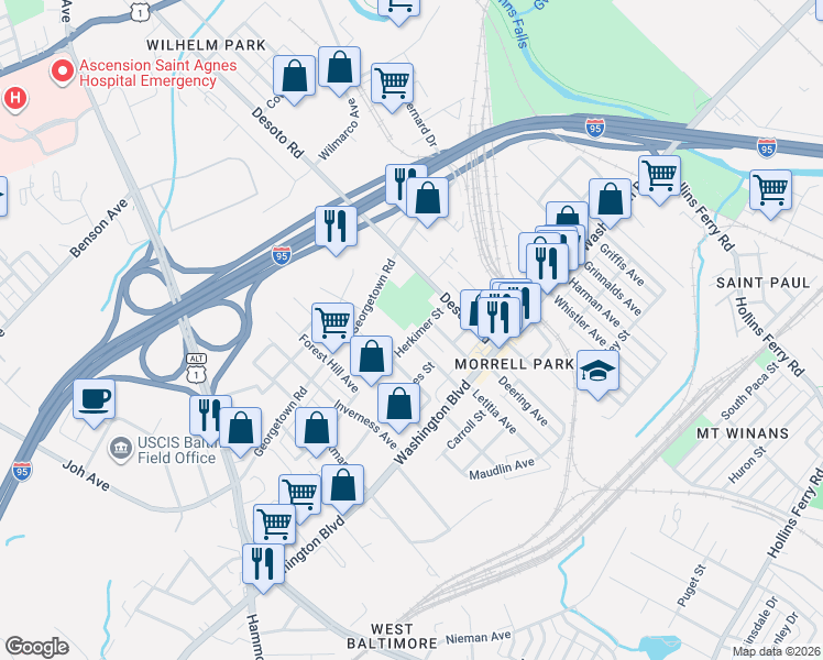 map of restaurants, bars, coffee shops, grocery stores, and more near 2749 Herkimer St in Baltimore