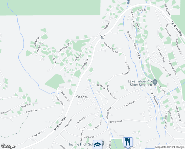 map of restaurants, bars, coffee shops, grocery stores, and more near 680 Titlist Drive in Incline Village
