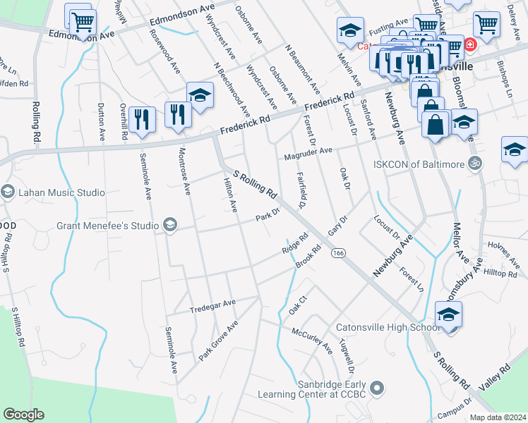 map of restaurants, bars, coffee shops, grocery stores, and more near 206 Park Drive in Catonsville