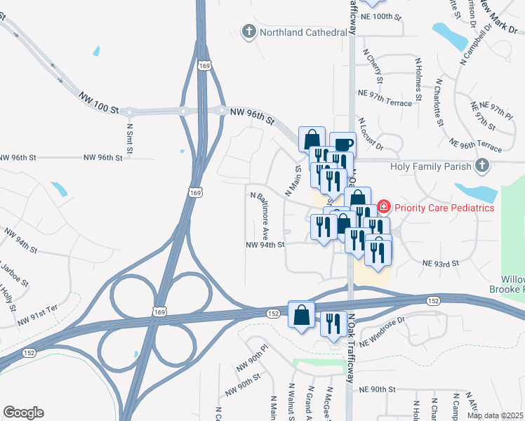 map of restaurants, bars, coffee shops, grocery stores, and more near 9444 North Baltimore Avenue in Kansas City