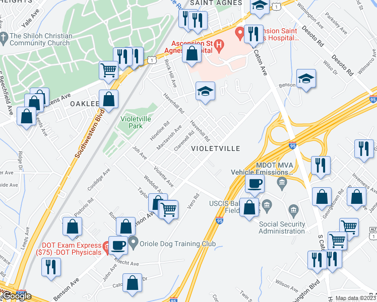 map of restaurants, bars, coffee shops, grocery stores, and more near 3642 Greenvale Road in Baltimore