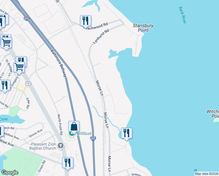 map of restaurants, bars, coffee shops, grocery stores, and more near 4205 Riversedge Way in Dundalk