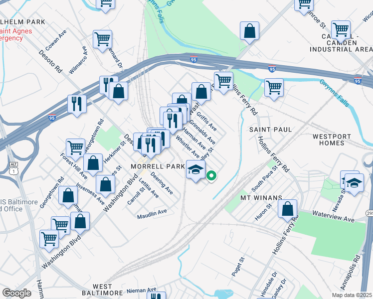 map of restaurants, bars, coffee shops, grocery stores, and more near 2002 Whistler Avenue in Baltimore