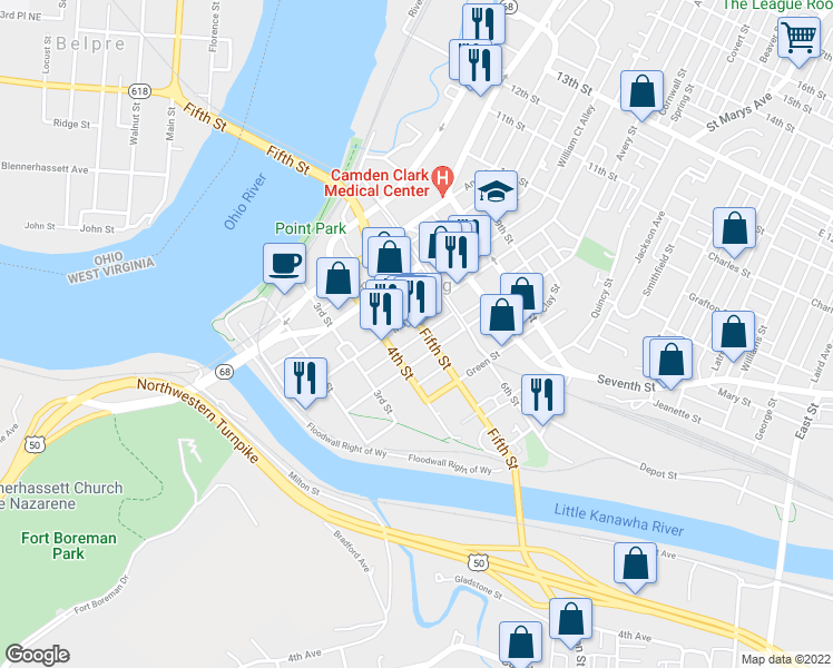 map of restaurants, bars, coffee shops, grocery stores, and more near 316 5th Street in Parkersburg