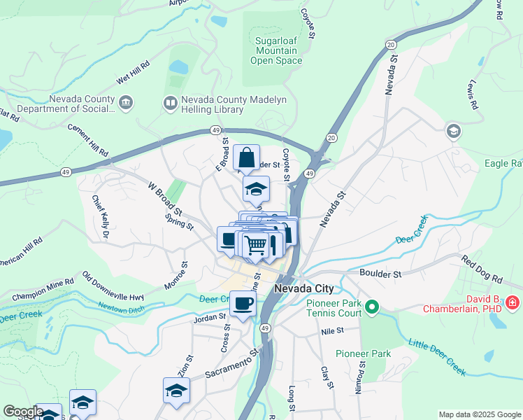 map of restaurants, bars, coffee shops, grocery stores, and more near Main Street in Nevada City