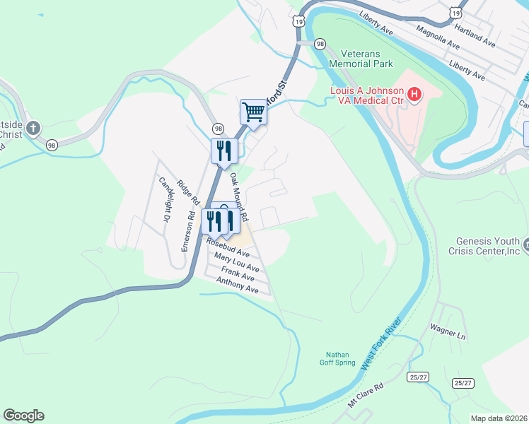 map of restaurants, bars, coffee shops, grocery stores, and more near 100 Oak Spring Court in Clarksburg