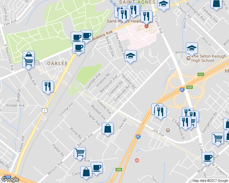 map of restaurants, bars, coffee shops, grocery stores, and more near 3655 Clarenell Road in Baltimore