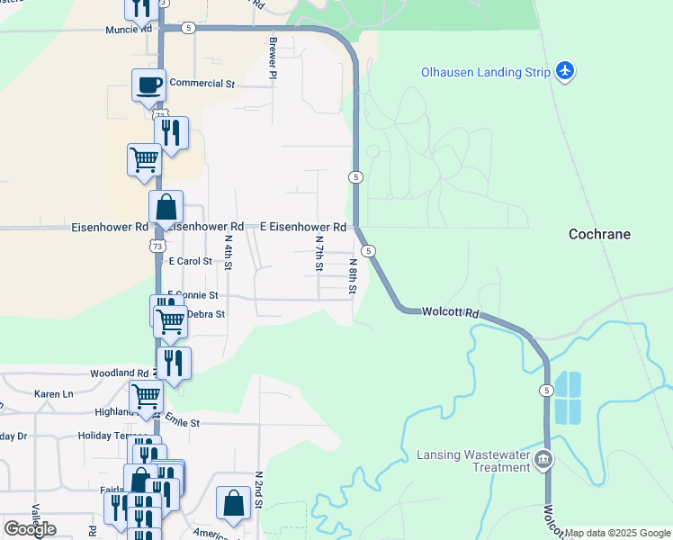 map of restaurants, bars, coffee shops, grocery stores, and more near 707 East Carol Street in Lansing