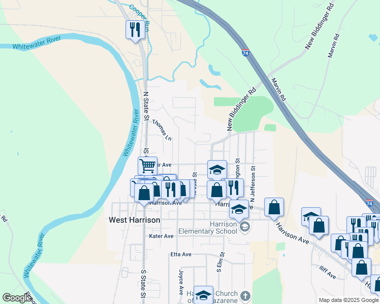 map of restaurants, bars, coffee shops, grocery stores, and more near 311 North Vine Street in Harrison
