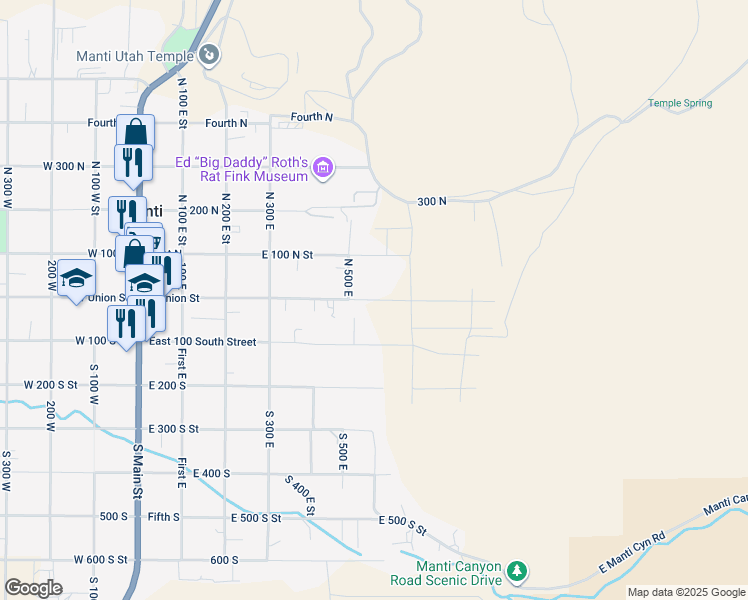 map of restaurants, bars, coffee shops, grocery stores, and more near 678 East Union Street in Manti