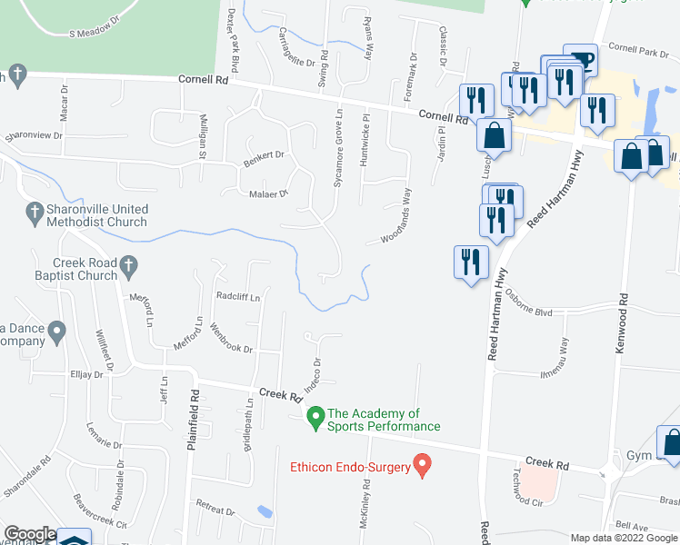 map of restaurants, bars, coffee shops, grocery stores, and more near 10391 Allenhurst Boulevard East in Blue Ash