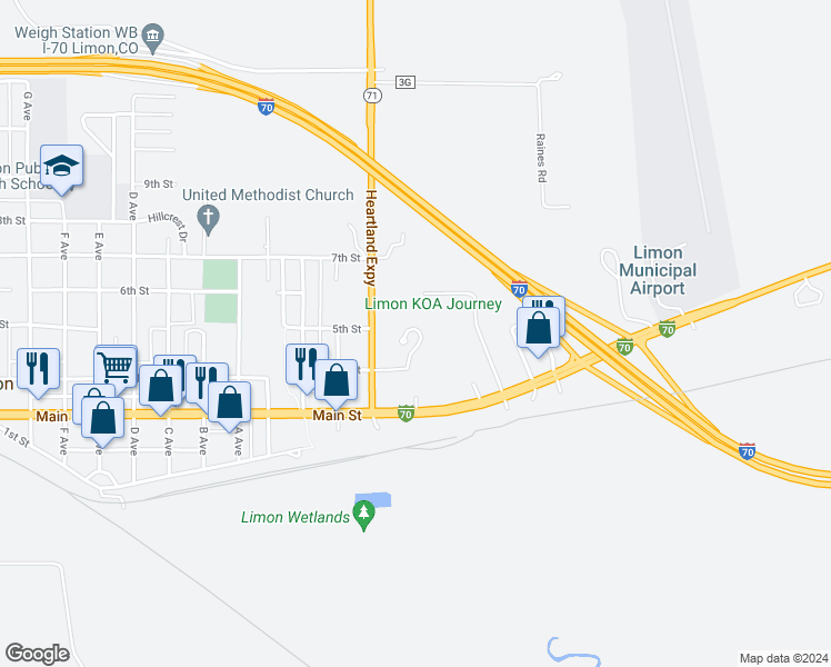 map of restaurants, bars, coffee shops, grocery stores, and more near 510 Smokey Trail Drive in Limon