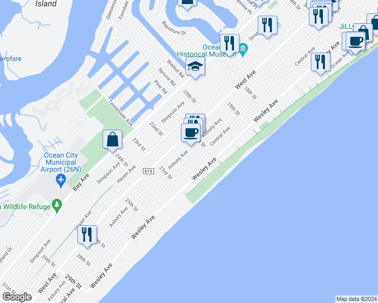 map of restaurants, bars, coffee shops, grocery stores, and more near 2152 Asbury Avenue in Ocean City