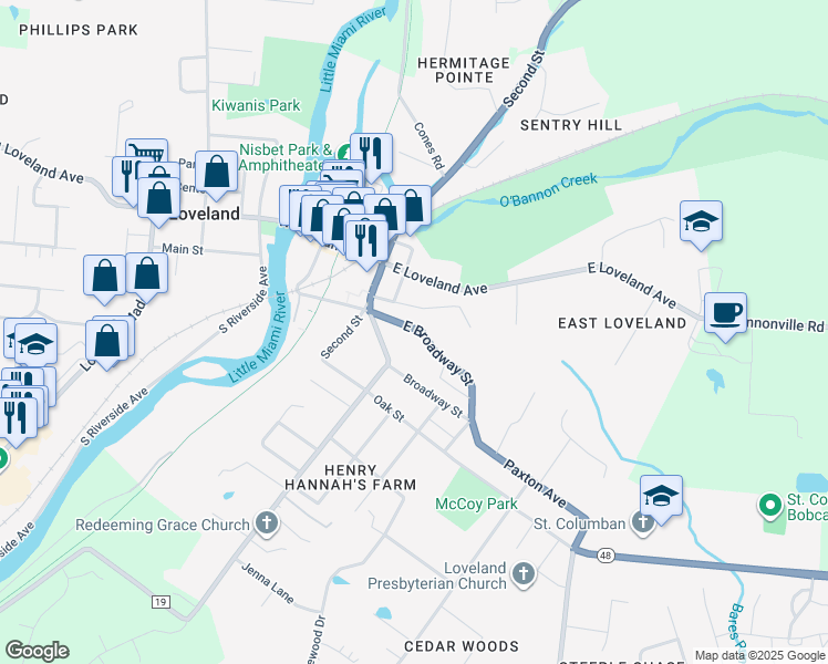 map of restaurants, bars, coffee shops, grocery stores, and more near 209 East Broadway Street in Loveland