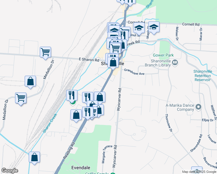 map of restaurants, bars, coffee shops, grocery stores, and more near 10900 Reading Road in Sharonville