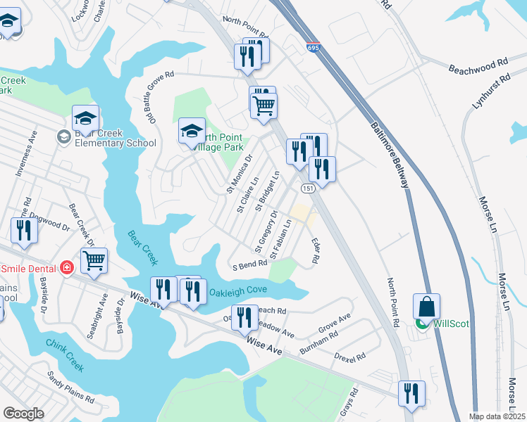 map of restaurants, bars, coffee shops, grocery stores, and more near 7869 Saint Bridget Lane in Dundalk