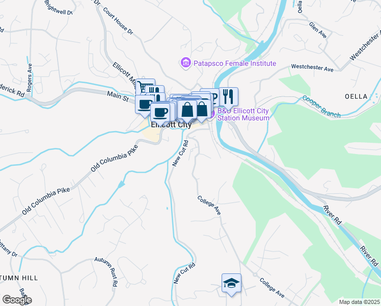 map of restaurants, bars, coffee shops, grocery stores, and more near 3726 College Avenue in Ellicott City