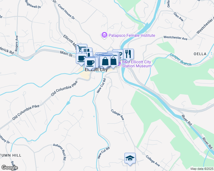 map of restaurants, bars, coffee shops, grocery stores, and more near 3728 College Avenue in Ellicott City