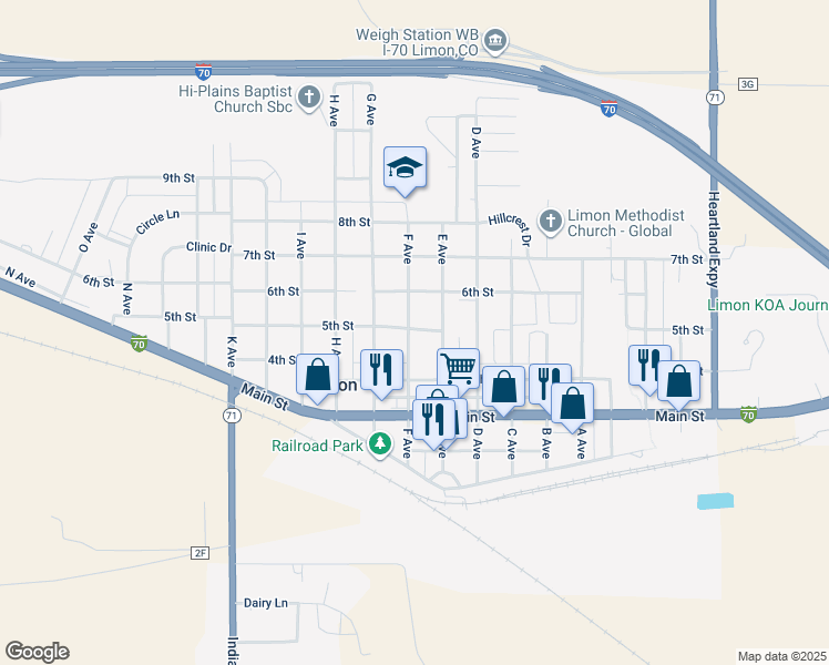map of restaurants, bars, coffee shops, grocery stores, and more near 490 F Avenue in Limon