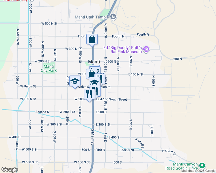 map of restaurants, bars, coffee shops, grocery stores, and more near 123 East Union Street in Manti