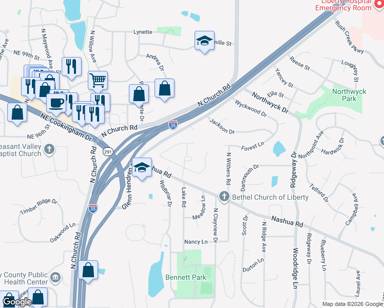 map of restaurants, bars, coffee shops, grocery stores, and more near 1507 Lake Road in Liberty