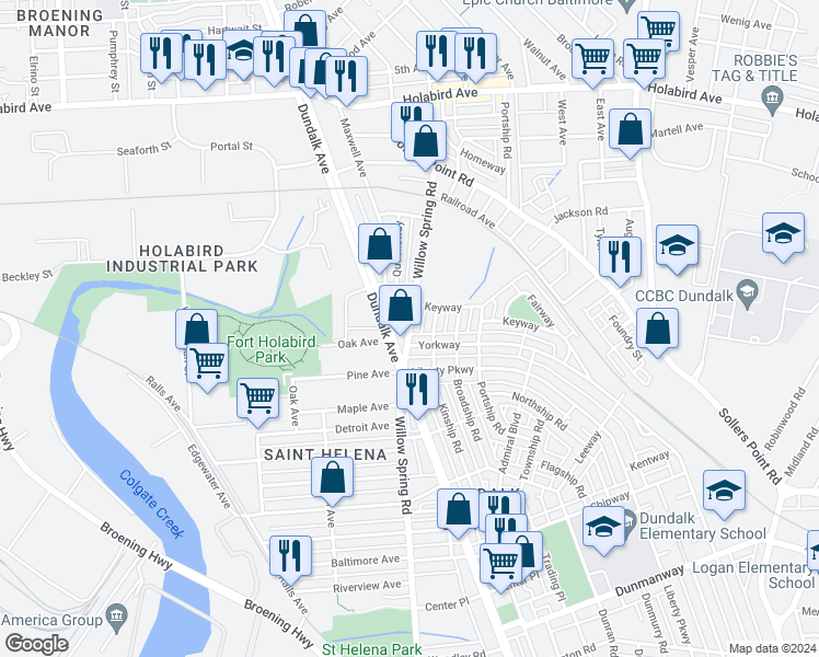 map of restaurants, bars, coffee shops, grocery stores, and more near 2132 Willow Spring Road in Dundalk