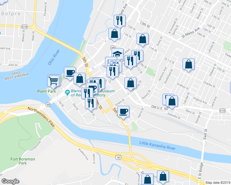 map of restaurants, bars, coffee shops, grocery stores, and more near 6th St in Parkersburg