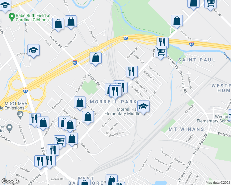 map of restaurants, bars, coffee shops, grocery stores, and more near 1810 Wilmington Avenue in Baltimore