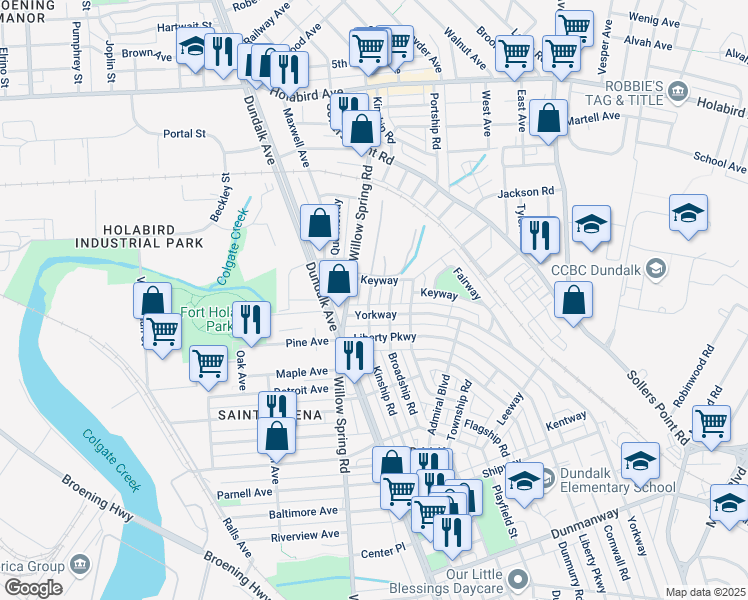 map of restaurants, bars, coffee shops, grocery stores, and more near 113 Kinship Road in Dundalk