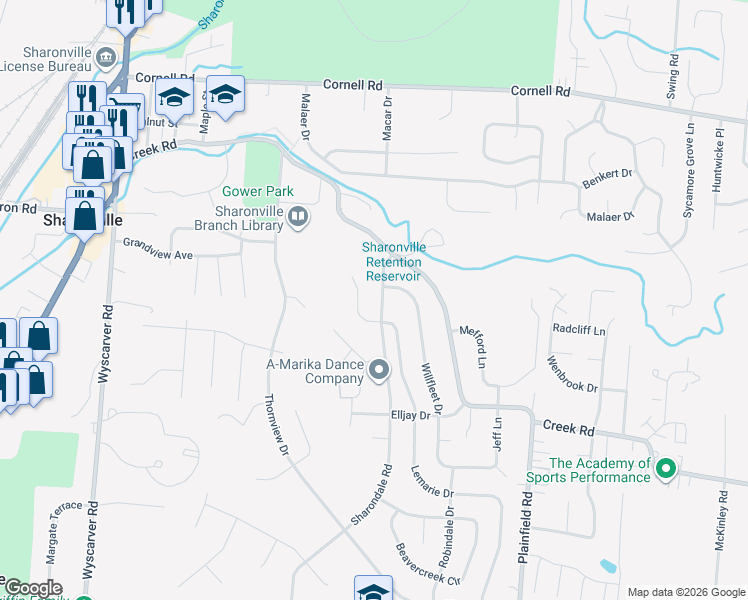 map of restaurants, bars, coffee shops, grocery stores, and more near 10921 Sharondale Road in Cincinnati