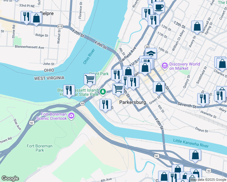 map of restaurants, bars, coffee shops, grocery stores, and more near in Parkersburg