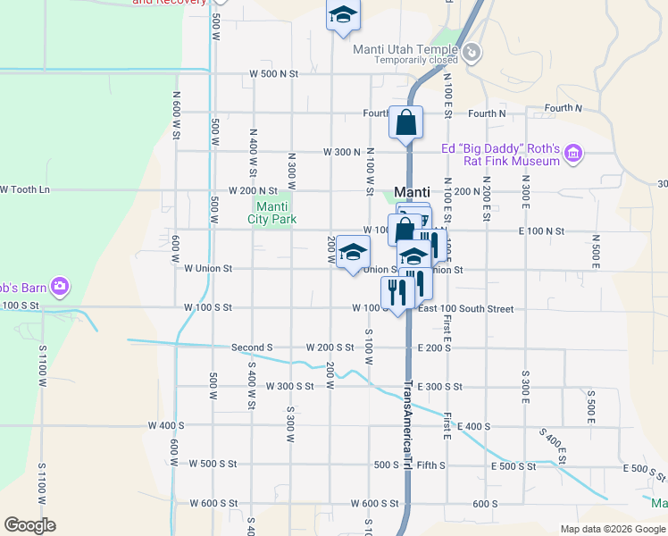 map of restaurants, bars, coffee shops, grocery stores, and more near 190 West Union Street in Manti