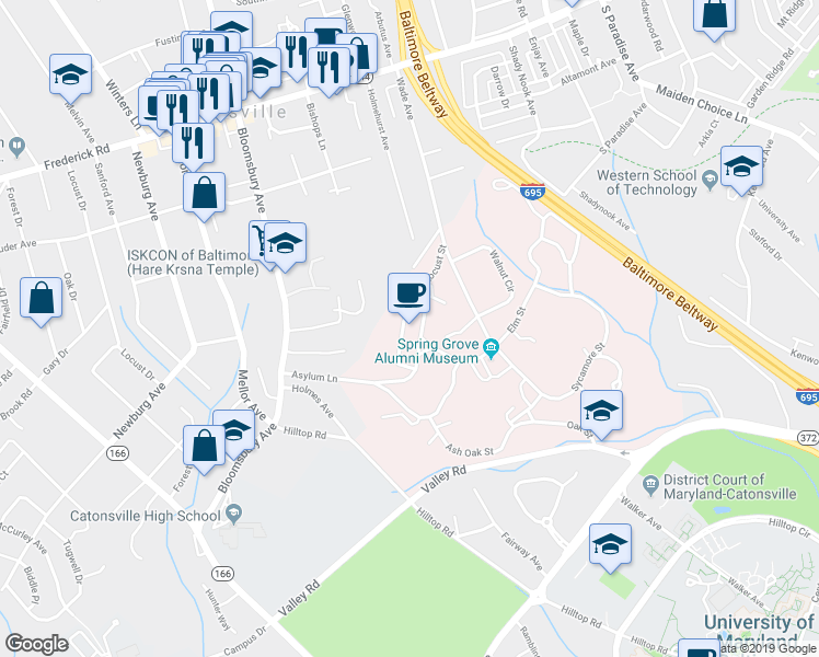 map of restaurants, bars, coffee shops, grocery stores, and more near 6 Hickory Drive in Catonsville