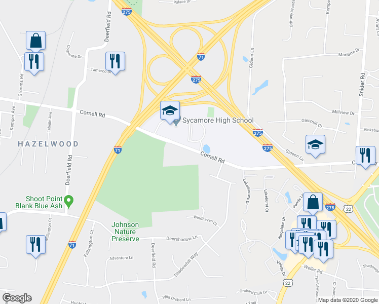 map of restaurants, bars, coffee shops, grocery stores, and more near 7427 Cornell Road in Cincinnati