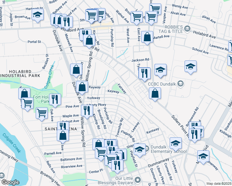 map of restaurants, bars, coffee shops, grocery stores, and more near 2434 Keyway in Dundalk