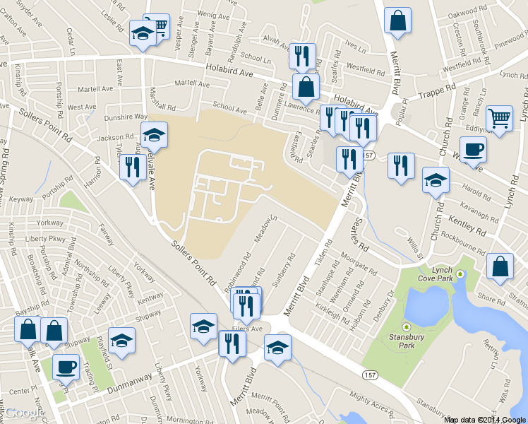 map of restaurants, bars, coffee shops, grocery stores, and more near 1900 Robinwood Rd in Dundalk