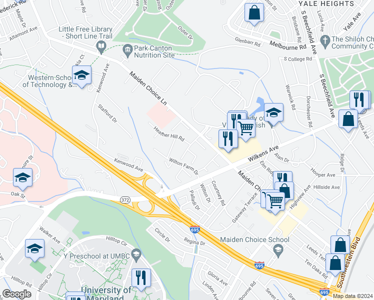 map of restaurants, bars, coffee shops, grocery stores, and more near 2 Clinton Hill Court in Catonsville