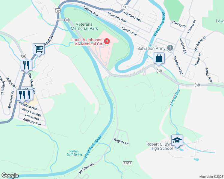 map of restaurants, bars, coffee shops, grocery stores, and more near 149 Mount Clare Road in Clarksburg