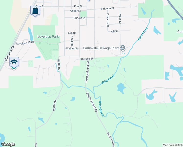 map of restaurants, bars, coffee shops, grocery stores, and more near 18358 Brushy Mound Road in Carlinville