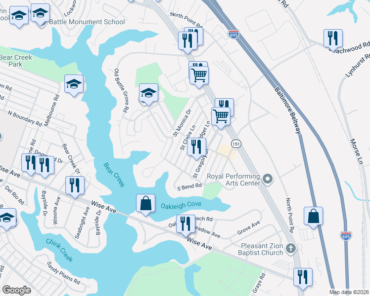 map of restaurants, bars, coffee shops, grocery stores, and more near 7847 Saint Claire Lane in Dundalk