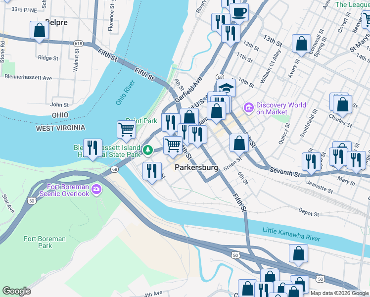 map of restaurants, bars, coffee shops, grocery stores, and more near 219 4th Street in Parkersburg