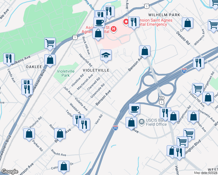 map of restaurants, bars, coffee shops, grocery stores, and more near 1256 Haverhill Road in Baltimore