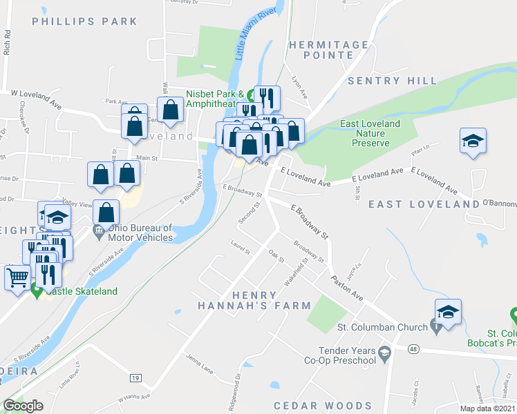 map of restaurants, bars, coffee shops, grocery stores, and more near 215 South 2nd Street in Loveland